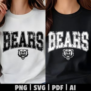 Może przedstawiać: Biała bluza z czarnym, postarzanym napisem BEARS i grafiką głowy czarnego niedźwiedzia oraz czarna bluza z białym, postarzanym napisem BEARS i grafiką głowy białego niedźwiedzia. Na dole znajduje się tekst PNG, SVG, PDF, AI.
