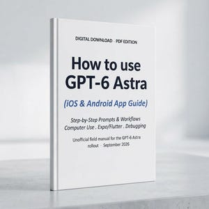 May include: A white digital download PDF edition book titled How to use GPT-6 Astra (iOS & Android App Guide). The cover includes text detailing step-by-step prompts, workflows, computer use, Expo, Flutter, debugging, and an unofficial field manual.