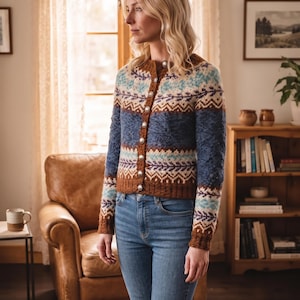 Può includere: Un cardigan in maglia a maniche lunghe con un motivo Fair Isle multicolore nei toni del marrone, blu, crema e viola. Il capo presenta uno scollo rotondo, un'abbottonatura frontale con bottoni metallici e polsini e orlo a coste.