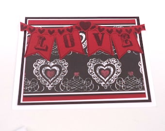 Valentine's Day Card, Anniversary Card, Love Card, Black and White Love Banner Card, Handmade Greeting Card