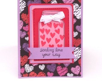 Valentine's Day Card, Love Card, Sending Love Your Way, Romantic Card, Pink Red and Purple Mason Jar Holding Hearts