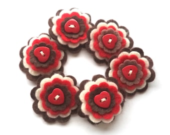 Valentine's Day themed Felt Flowers for Scrapbooking, Card Making, Party Favors, Embellishments Dark Brow, Red and Cream with Heart Button