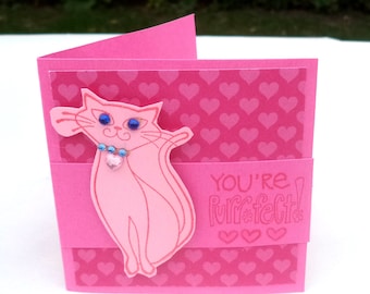 Valentine's Day Card Set, Set of 20 Pink Cats with Gemstones, You're Purr-fect Children's Mini Cards