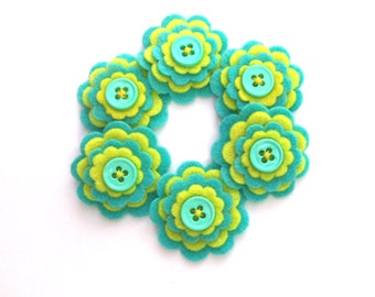 Yellow and Turquoise Felt Flower Embellishments, Scrapbook Layouts, Card Embellishments, Headbands, Hairbows Set of 6
