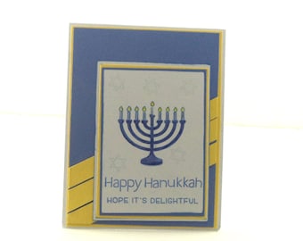 Handmade Menorah Hanukkah Card, Blue and Yellow