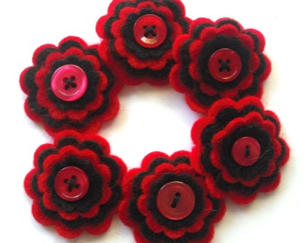 Red and Black Felt Flowers with Buttons, Scrapbooking Embellishments (Set of 6)