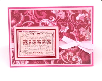 Kisses Valentine's Day Card, Kisses Card, Romance Card, Anniversary Card, Pink and Red Greeting Card, 5x7 French Sentiment
