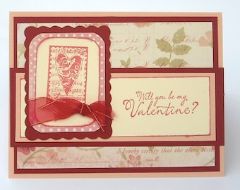 Will You be My Valentine, Valentine's Day Card, Red and Pink with Flowers and Red Ribbon
