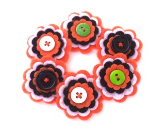 Halloween Felt Flowers with Buttons, Scrapbook Embellishments, Set of 6