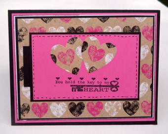 Valentine's Day Card, You have the Key to my Heart Card, Pink and White Hearts Card, Hearts Valentine's Day Card, Handmade Valentine Card
