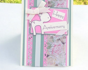 Handmade Deer Anniversary Card, Pink Green Floral