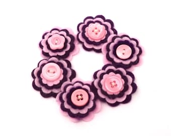 Felt Scrapbooking Embellishments, Pink and Purple with Pink Button Centers, for Card Making, Hair Accessories, Trinket Boxes