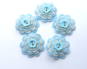 Baby Blue Felt Flowers with Button, Scrapbooking Embellishments