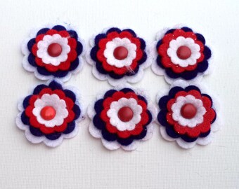 Felt Flowers, Red White Blue Embellishments, Scrapbook & Card Making (Set of 6)