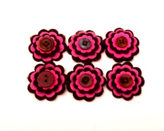 Felt Flowers, Set of 6 Embellishments, Scrapbooking Flowers, Card Embellishment, Hot Pink and Brown