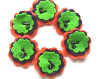 Felt Flowers, Scrapbook Supply, Paper Crafting Supply, Green, Orange and Black with Witch's Boot, Set of 6, Halloween Flowers