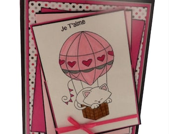 Cat Valentine's Day Card, Je T'Aime Card, French Valentine's Day Card, I Love You Card, Cat in a Hot Air Balloon