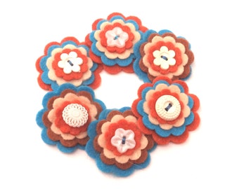 Vintage Inspired Felt Flower Embellishments, Ocean Blue, Rust, Champagne, Brown Felt, Scrapbook Supply, Card Making, Headband Decoration