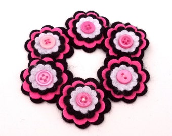 Felt Flowers, Pink, Black, White, Button Embellishments