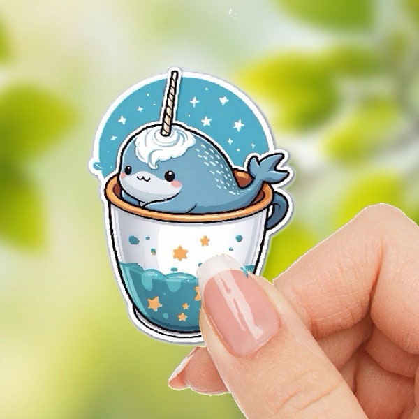 Narwhal vinyl sticker Tea cup weatherproof sticker waterproof hydroflask decal dishwasher safe whale sticker beach lover gift funny sticker