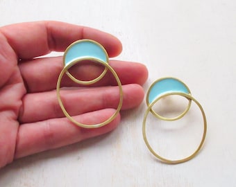 Handmade Gold Statement Earrings, color enamel dangle earrings, mid century modern style, Sky blue earrings