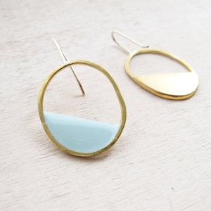 Something blue for modern brides. Enamel color gold earrings, Brass handmade earrings, gold oval, enameled jewelry, mid century modern style