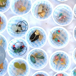May include: Assortment of earrings displayed in white cupcake liners on a white background. The earrings are made of various materials, including metal, beads, and feathers. The text "iomiss jewelry" is visible in the center of the image.