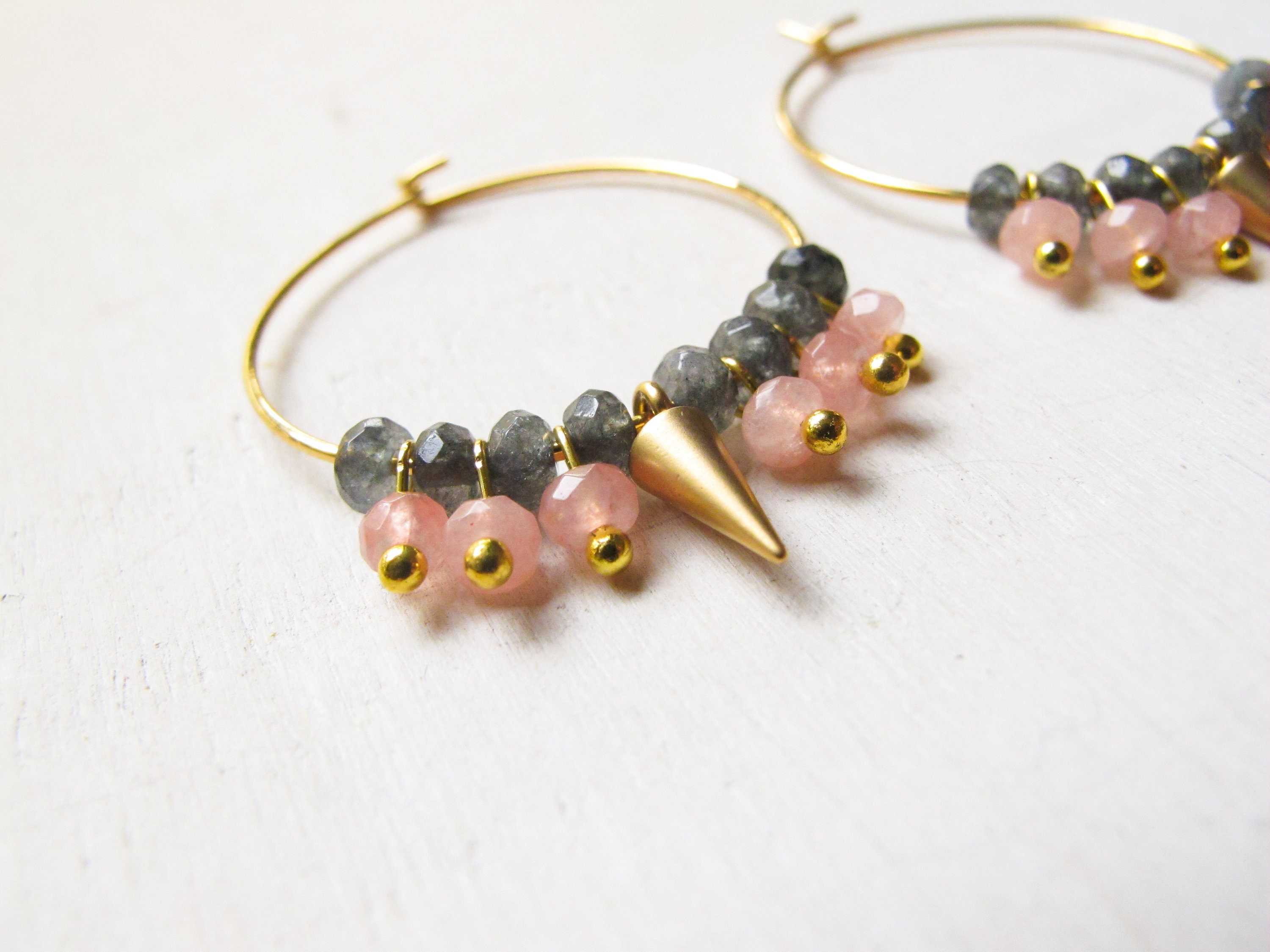 Pink and grey gold hoop earrings, gemstone jewelry, hypoallergenic 14ct gold plated hoops, gift for new moms