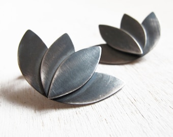 Oxidized silver earrings, Contemporary earrings, Geometric Flower, handmade, Lotus stud earrings, sterling silver jewelry, brass jewellery,