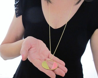 Handmade reversible enamel pendant necklace, long gold pendant, geometric statement necklace