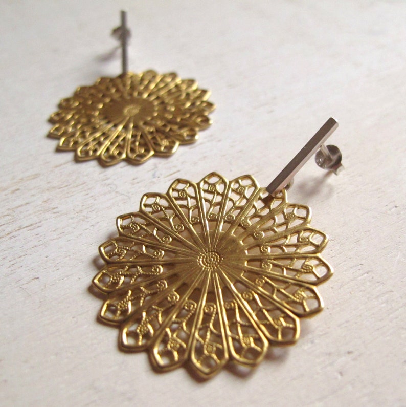 statement earrings, sterling silver contemporary jewelry, romantic earrings, brass filigree, handmade jewelry, studs earrings, iomiss image 1