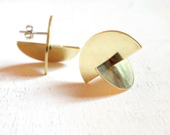 geometric earrings, brass jewelry, handmade earrings, sterling silver post, golden earrings , 3D earrings, three dimensional post earrings