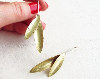 Leaf earrings gold, Artisan jewelry, Inspired by nature, gift ideas for women, sterling silver earwire, botanical jewelry