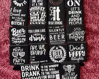 Custom Black Can Koozies: Funny Drink Quotes, 12 oz