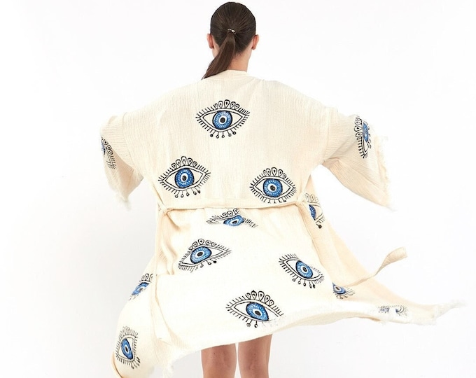Featured listing image: Turkish Organic Cotton Evil Eye Print Robe | Evil Eye Robe | Authentic Turkish Cotton Robe | Beach Coverup | Evil Eye Print Kimono