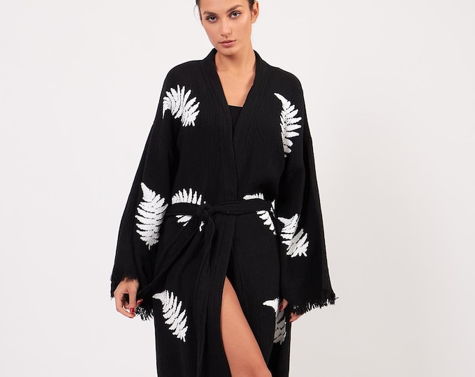 Featured listing image: Turkish Organic Cotton Leaf Pattern Muslin Kimono | Authentic Turkish Cotton Robe | Black Coverup | Bridesmaid Robe Gifts | Gift For Mom