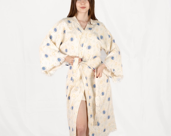 Featured listing image: Turkish Organic Cotton Evil Eye Print Robe | Evil Eye Robe | Authentic Turkish Cotton Robe | Beach Coverup | Evil Eye Print Kimono