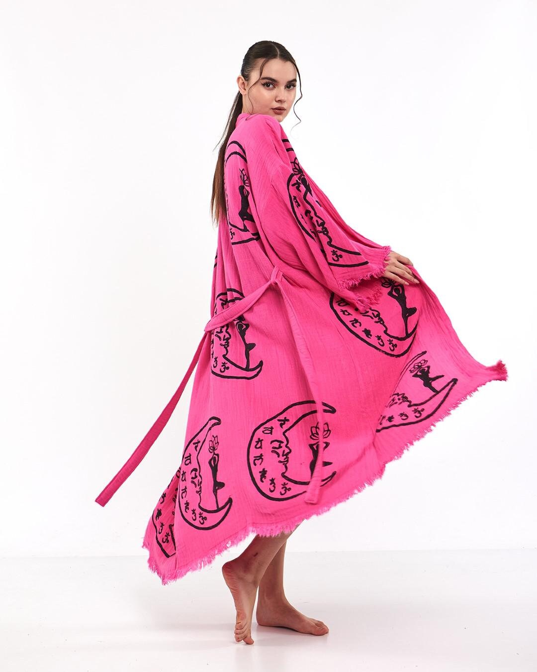 Pink Turkish Organic Moon Print Robe | Boho Moon Shaped Robe ...