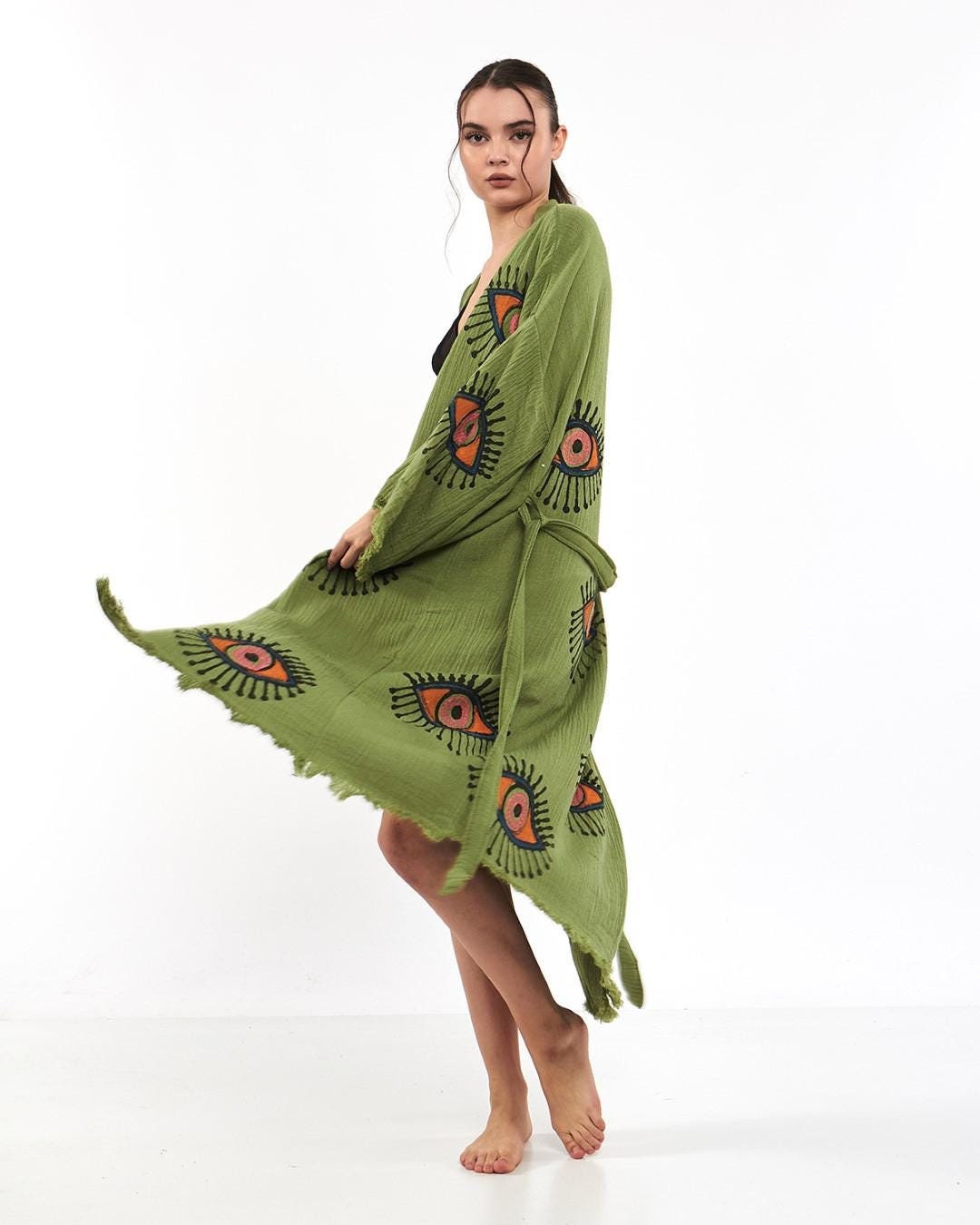 Turkish Evil Eye Print Robe | Olive Green Robe Festival Kimono ...