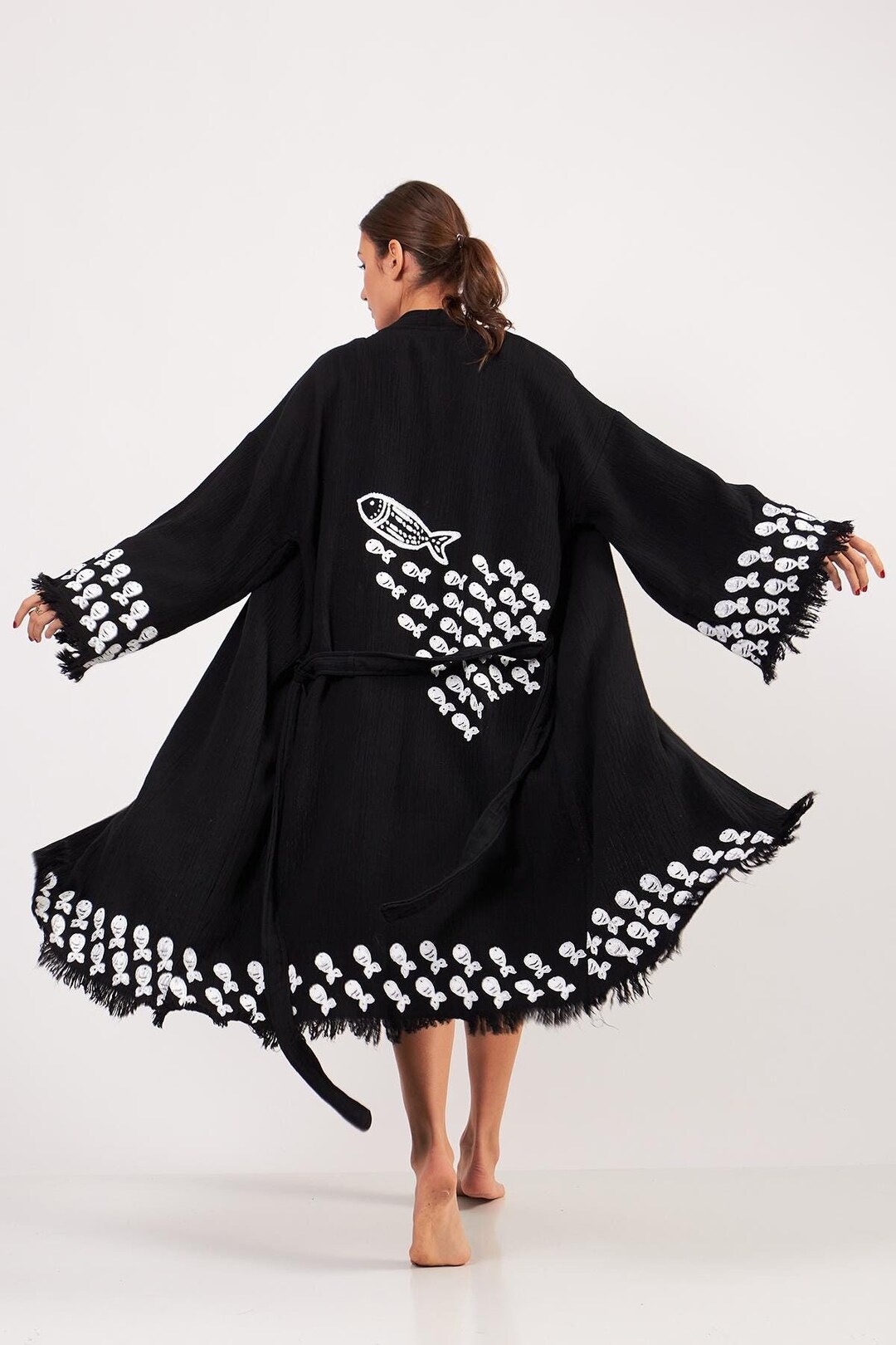 Aqua Turkish Fish Print Robe | Aqua Clothing | Black Beach Coverup ...