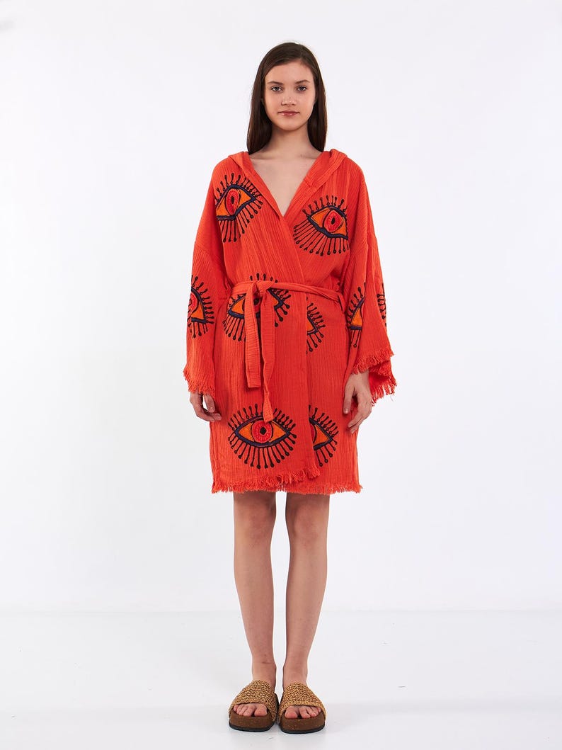 Frayed Robe Short Turkish Evil Eye Print Organic Cotton Hooded Robe Kimono | Orange ...
