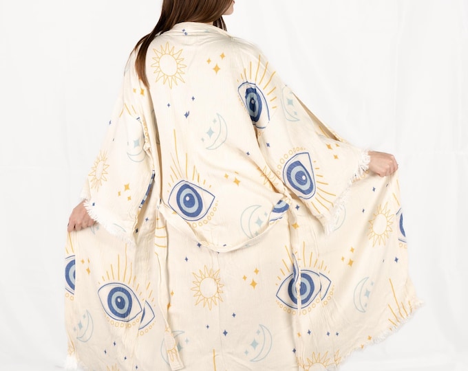 Featured listing image: Turkish Organic Cotton Evil Eye Print Robe | Evil Eye Robe | Authentic Turkish Cotton Robe | Beach Coverup | Evil Eye Print Kimono
