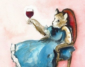 Cat art, wine- "A Hard Day" -cat watercolor print, hostess, entertaining, wine lover