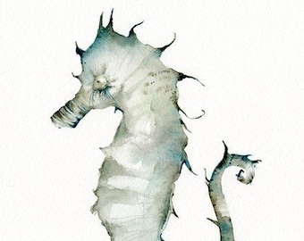 Seahorse watercolor art- print reproduction  ocean, beach, decor, teal, blue