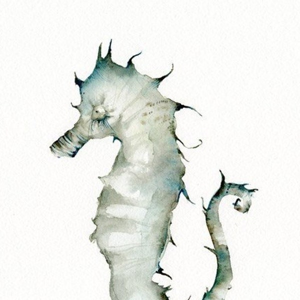 Seahorse watercolor art- print reproduction  ocean, beach, decor, teal, blue