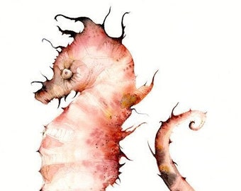 Seahorse watercolor, seahorse art print-Corals- large print, nautical, ocean decor