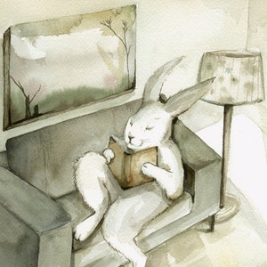 Rabbit Watercolor A Good Book Rabbit Art, Large Archival print image 2