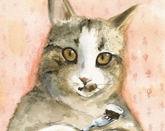 Just Desserts - Cat Watercolor Art- Archival print