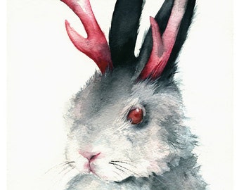 Konijn, Jackalope kunst - "Jack" aquarel print, Jackalope kunst, konijn schilderen