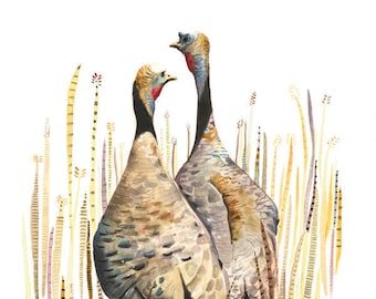 Wild Turkey, Nature Art, Bird Art, Watercolor Print- Wild Turkeys in the Straw